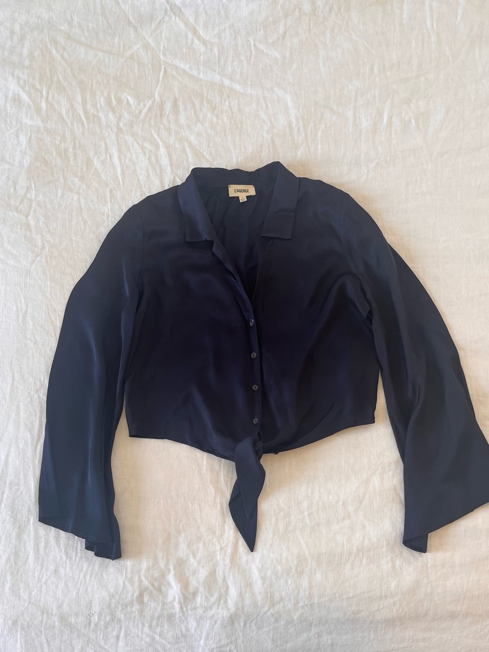 L’Agence Roxane tie front silky top midnight navy blue small - Picture 5 of 11